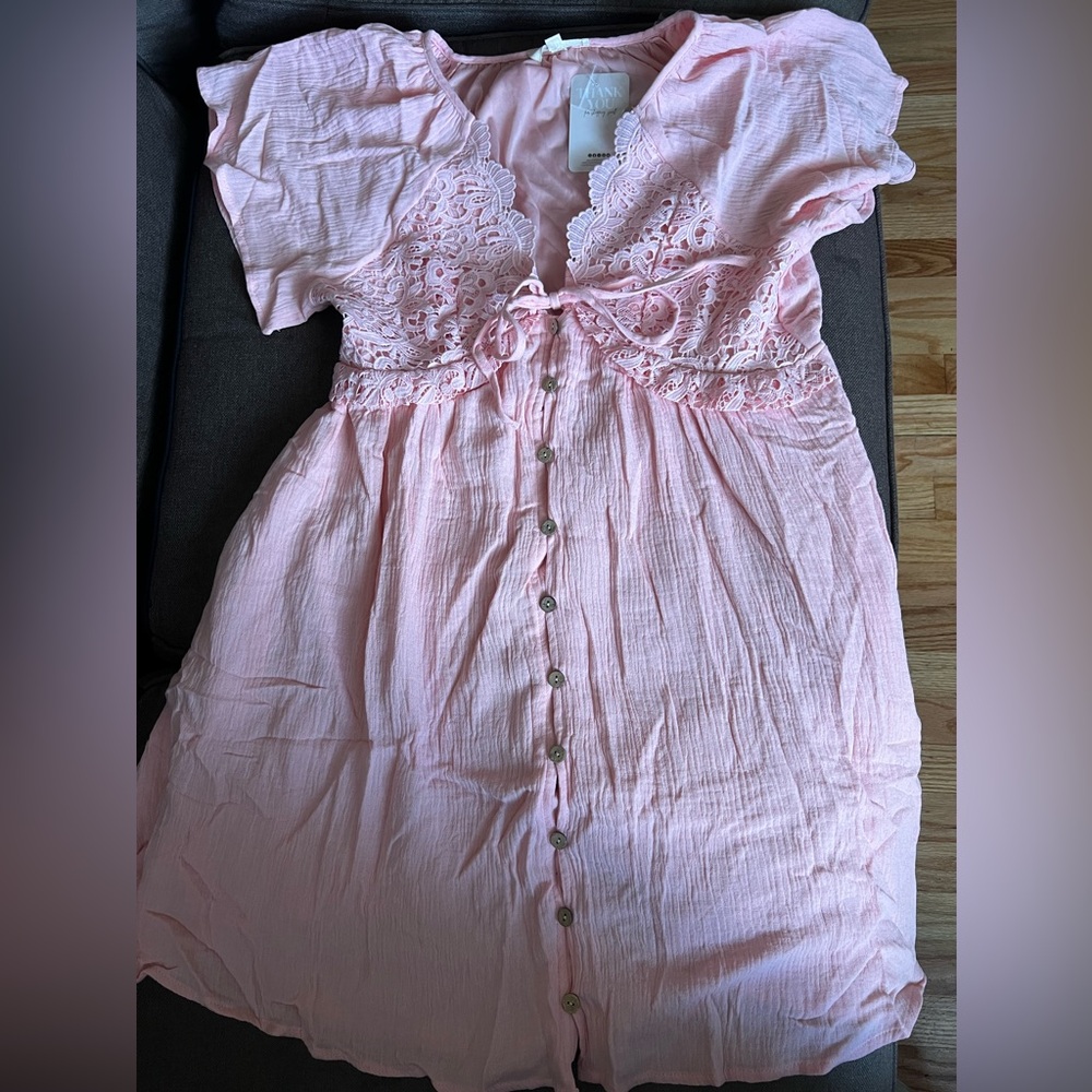 Pink Button-Down Dress with Lace Detail